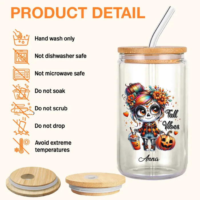 Personalized Fall Vibes Transparent Glass Tumbler With Straw - Gift Idea For Yourself, Women, Fall Lovers - Just A Girl Who Loves Fall