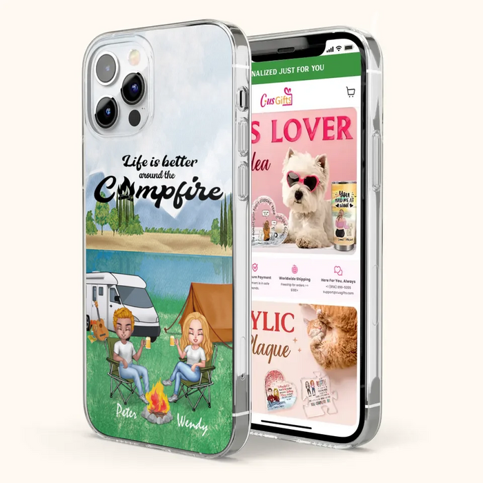 Custom Personalized Camping Chibi Phone Case - Couple With Upto 2 Dogs - Gift Idea For Camping Lover - Case For iPhone And Samsung