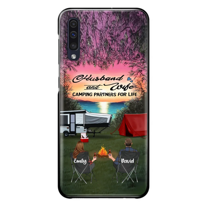 Custom Personalized Camping Phone Case - Couple With Upto 3 Kids And 4 Pets - Gift Idea For Camping Lover - Husband And Wife Camping Partners For Life - Case For iPhone And Samsung