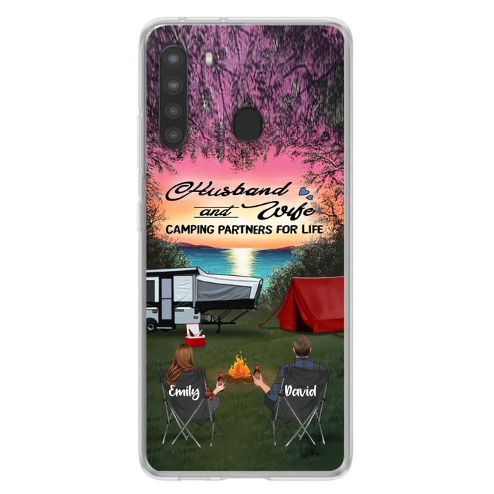 Custom Personalized Camping Phone Case - Couple With Upto 3 Kids And 4 Pets - Gift Idea For Camping Lover - Husband And Wife Camping Partners For Life - Case For iPhone And Samsung