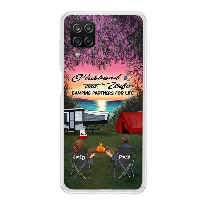 Custom Personalized Camping Phone Case - Couple With Upto 3 Kids And 4 Pets - Gift Idea For Camping Lover - Husband And Wife Camping Partners For Life - Case For iPhone And Samsung