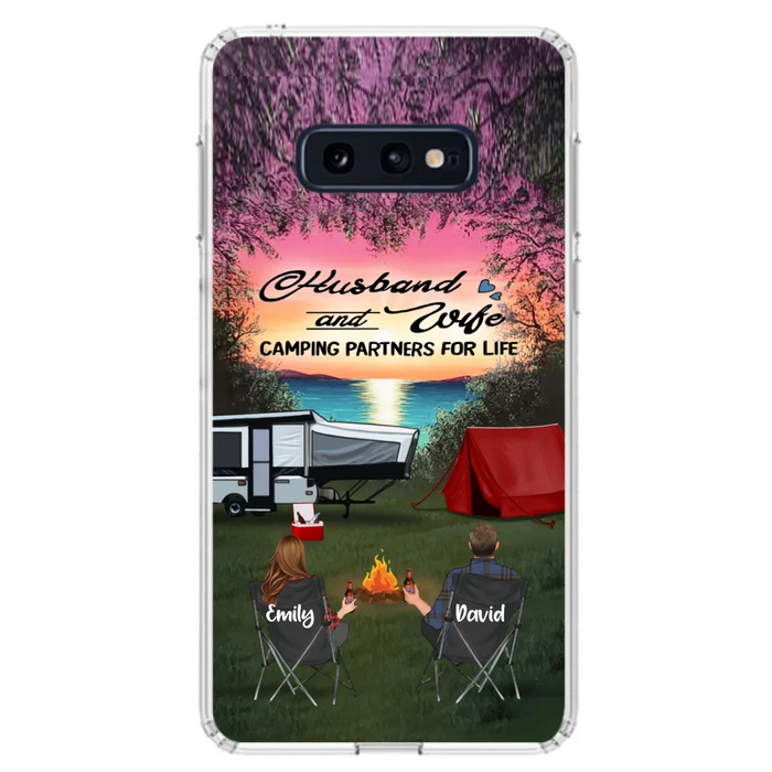 Custom Personalized Camping Phone Case - Couple With Upto 3 Kids And 4 Pets - Gift Idea For Camping Lover - Husband And Wife Camping Partners For Life - Case For iPhone And Samsung