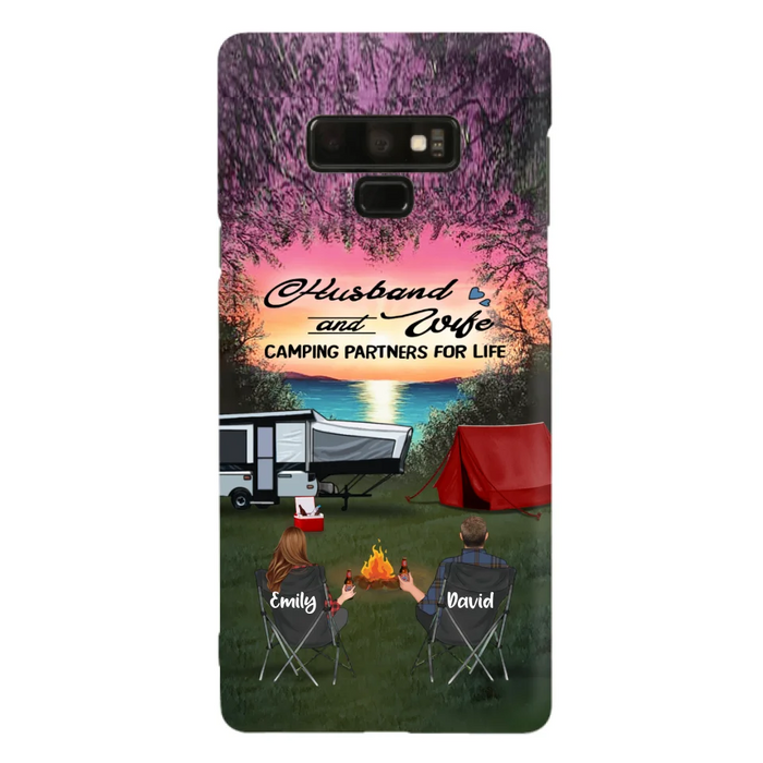 Custom Personalized Camping Phone Case - Couple With Upto 3 Kids And 4 Pets - Gift Idea For Camping Lover - Husband And Wife Camping Partners For Life - Case For iPhone And Samsung