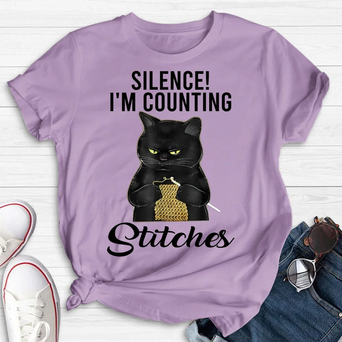 Custom Personalized Cat T-shirt/ Long Sleeve/ Sweatshirt/ Hoodie - Gift Idea For Knitting Lover - Silence I'm Counting Stitches