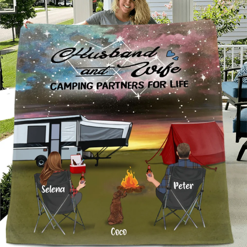 Personalized Camping Pillow Cover/Fleece/Quilt Blanket - Couple With Up to 2 Kids And 3 Pets - Gift Idea For Camping Lover - Making Memories One Campsite At A Time