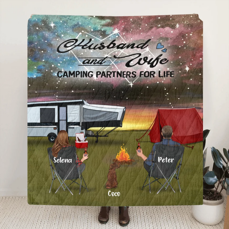 Personalized Camping Pillow Cover/Fleece/Quilt Blanket - Couple With Up to 2 Kids And 3 Pets - Gift Idea For Camping Lover - Making Memories One Campsite At A Time