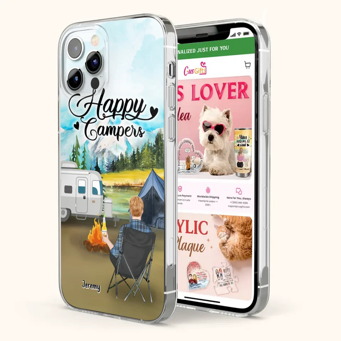 Personalized Camping Phone Case- Single Parent/ Couple With Upto 3 Dogs - Happy Campers - Phone Case For iPhone And Samsung