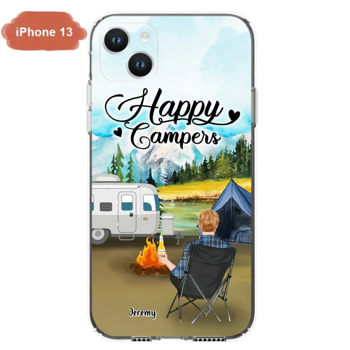 Personalized Camping Phone Case- Single Parent/ Couple With Upto 3 Dogs - Happy Campers - Phone Case For iPhone And Samsung