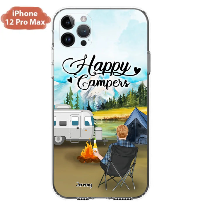 Personalized Camping Phone Case- Single Parent/ Couple With Upto 3 Dogs - Happy Campers - Phone Case For iPhone And Samsung