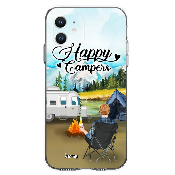 Personalized Camping Phone Case- Single Parent/ Couple With Upto 3 Dogs - Happy Campers - Phone Case For iPhone And Samsung