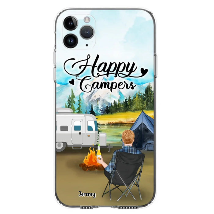 Personalized Camping Phone Case- Single Parent/ Couple With Upto 3 Dogs - Happy Campers - Phone Case For iPhone And Samsung