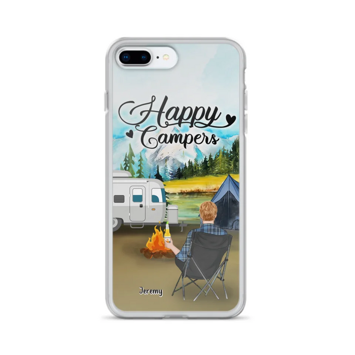 Personalized Camping Phone Case- Single Parent/ Couple With Upto 3 Dogs - Happy Campers - Phone Case For iPhone And Samsung