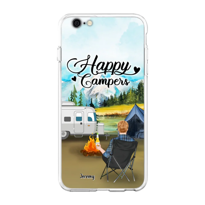 Personalized Camping Phone Case- Single Parent/ Couple With Upto 3 Dogs - Happy Campers - Phone Case For iPhone And Samsung