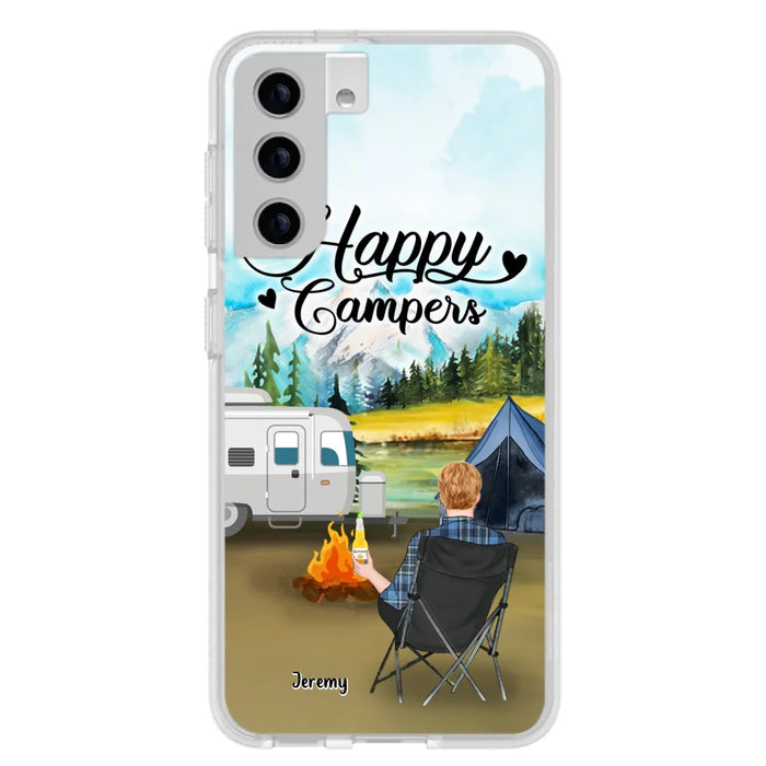 Personalized Camping Phone Case- Single Parent/ Couple With Upto 3 Dogs - Happy Campers - Phone Case For iPhone And Samsung