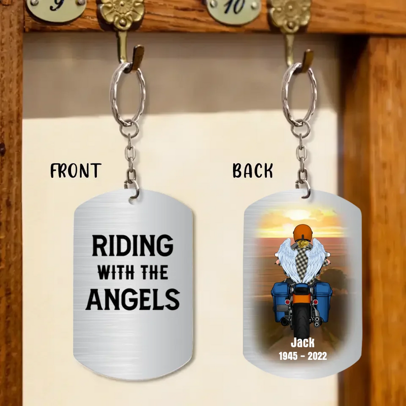 Personalized Memorial Biker Aluminum Keychain - Memorial Gift Idea For Father's Day - Riding With The Angels
