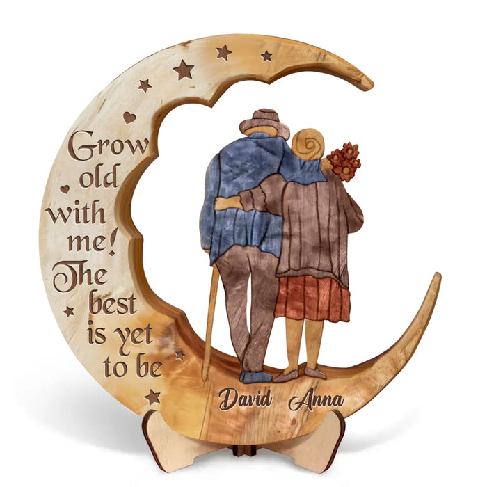 Custom Personalized Old Couple Moon 2 Layered Wooden Art - Gift Idea For Couple - Grow Old With Me! The Best Is Yet To Be