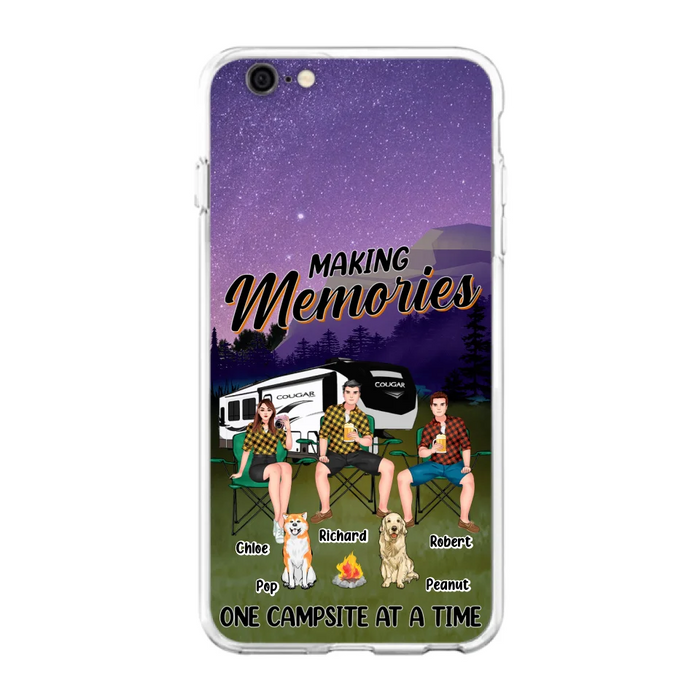 Custom Personalized Camping Phone Case - Gift Idea For Camping Lover/ Friends/ Couple - Upto 3 People And 2 Dogs - Making Memories One Campsite At A Time - Case For iPhone And Samsung