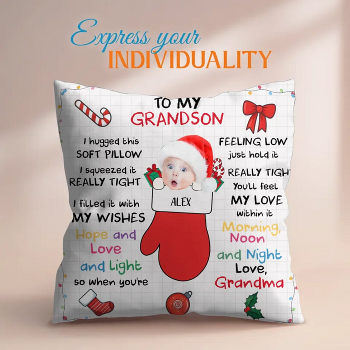 Custom Personalized Christmas Pillow Cover - Christmas Gift Idea From Grandma - Upload Photo - To My Grandson/ Granddaughter