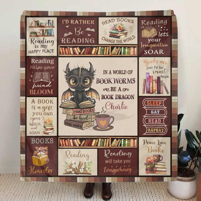 Personalized Books & Dragon Quilt/Fleece Throw Blanket - Gift Idea For Book Lover - In A World Of Bookworms Be A Book Dragon