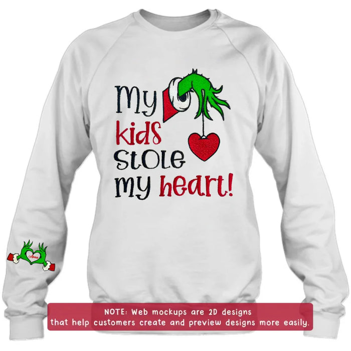 Custom Personalized Grinch Hand Embroidered Sweater - Upto 6 Kids - Christmas Gift Idea For Grandma/ Mom - My Kids Stole My Heart