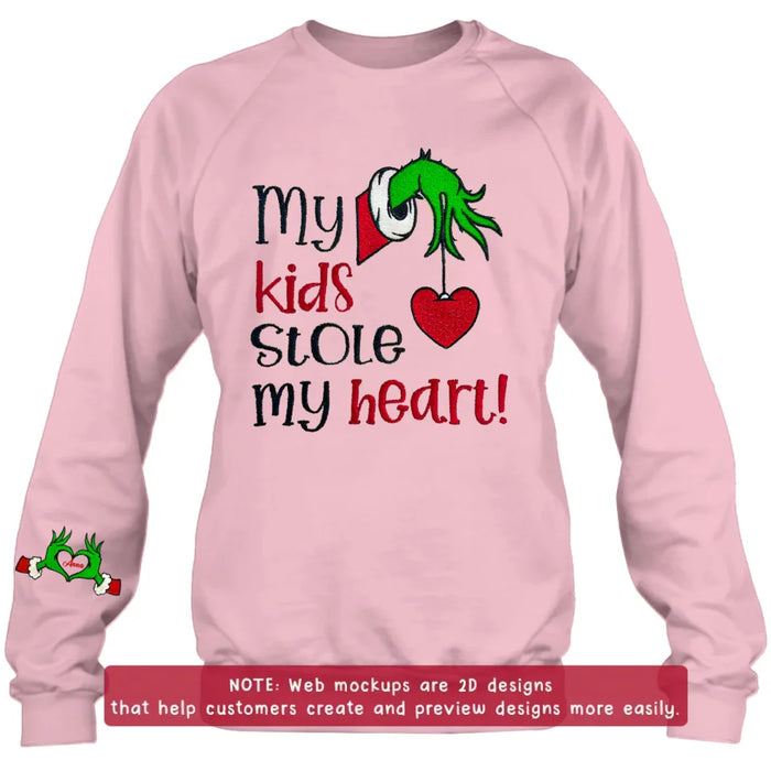 Custom Personalized Grinch Hand Embroidered Sweater - Upto 6 Kids - Christmas Gift Idea For Grandma/ Mom - My Kids Stole My Heart