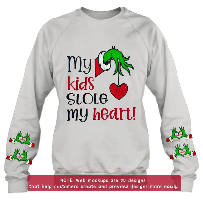 Custom Personalized Grinch Hand Embroidered Sweater - Upto 6 Kids - Christmas Gift Idea For Grandma/ Mom - My Kids Stole My Heart