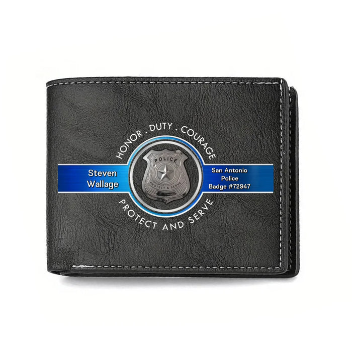 Custom Personalized Police Leather Wallet - Father's Day Gift Idea for Police - Honor Duty Courage