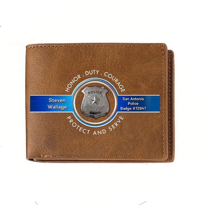Personalized Police Leather Wallet - Father's Day Gift Idea for Police - Honor Duty Courage