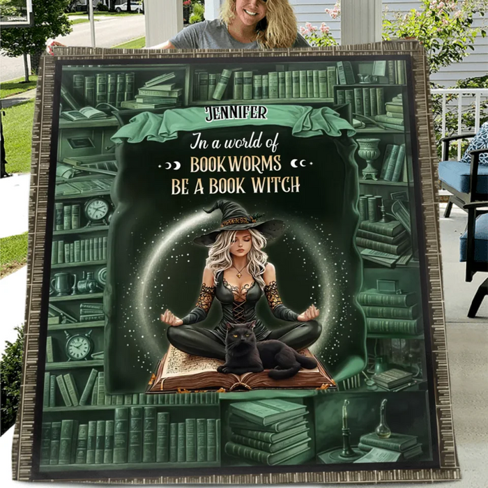 Custom Personalized Book Witch Quilt/ Fleece Throw Blanket - Gift For Witch Book Lover - In A World Of Book Worms Be A Book Witch