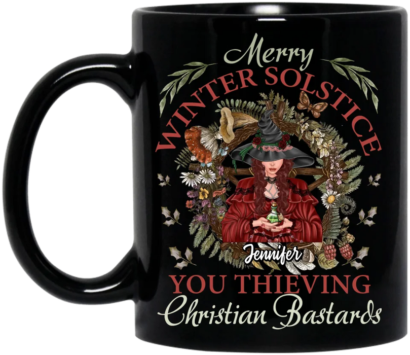 Custom Personalized Winter Solstice Witch Black Coffee Mug - Gift Idea For Witches - You Thieving Christian Bastards