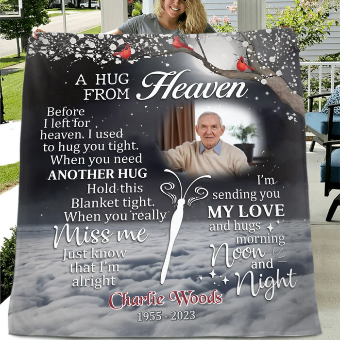 Custom Personalized Memorial Quilt/ Fleece Throw Blanket - Memorial Gift Idea - Upload Photo - A Hug From Heaven