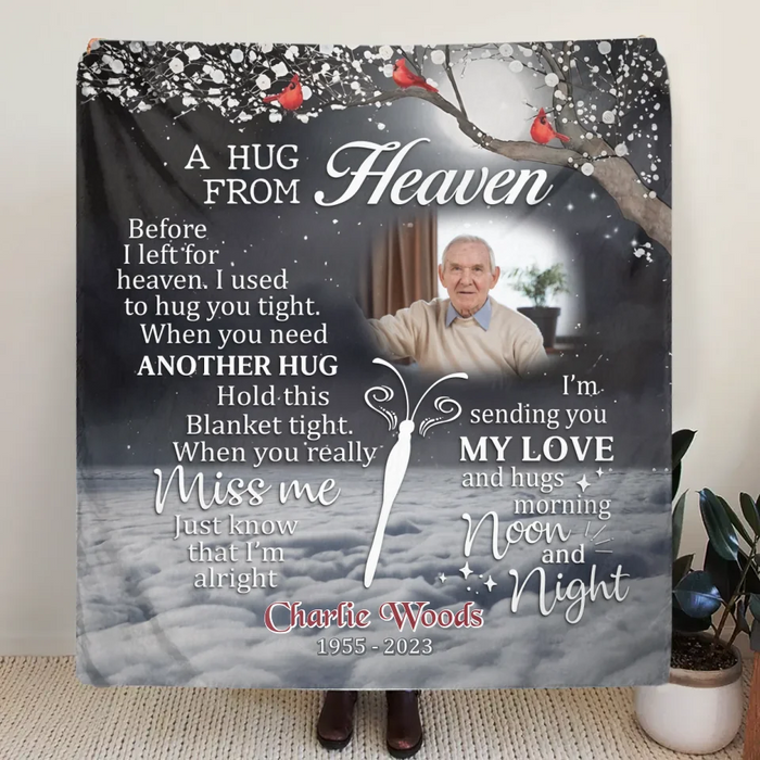 Custom Personalized Memorial Quilt/ Fleece Throw Blanket - Memorial Gift Idea - Upload Photo - A Hug From Heaven