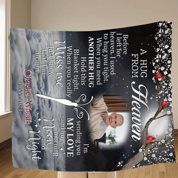 Custom Personalized Memorial Quilt/ Fleece Throw Blanket - Memorial Gift Idea - Upload Photo - A Hug From Heaven