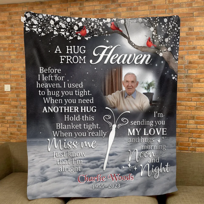 Custom Personalized Memorial Quilt/ Fleece Throw Blanket - Memorial Gift Idea - Upload Photo - A Hug From Heaven