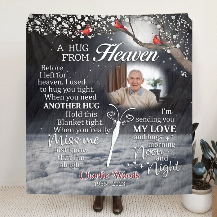 Custom Personalized Memorial Quilt/ Fleece Throw Blanket - Memorial Gift Idea - Upload Photo - A Hug From Heaven