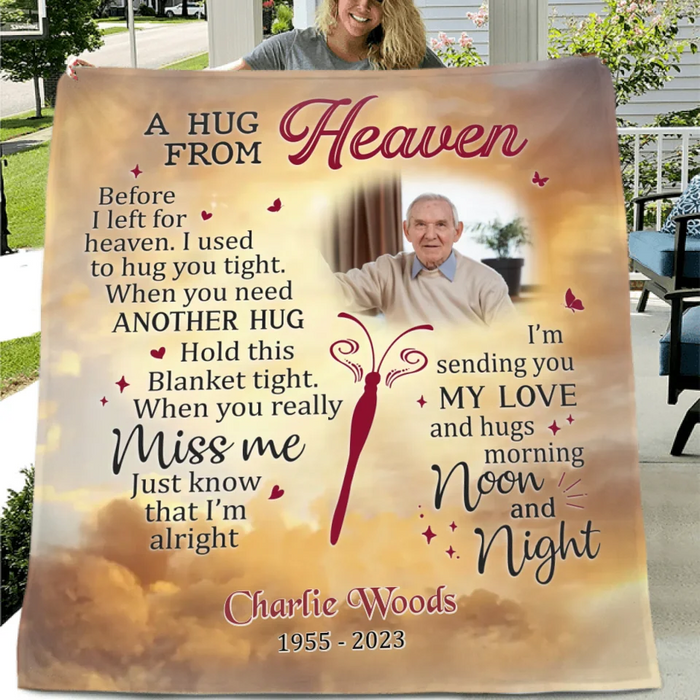 Custom Personalized Memorial Quilt/ Fleece Throw Blanket - Upload Photo - Memorial Gift Idea - A Hug From Heaven