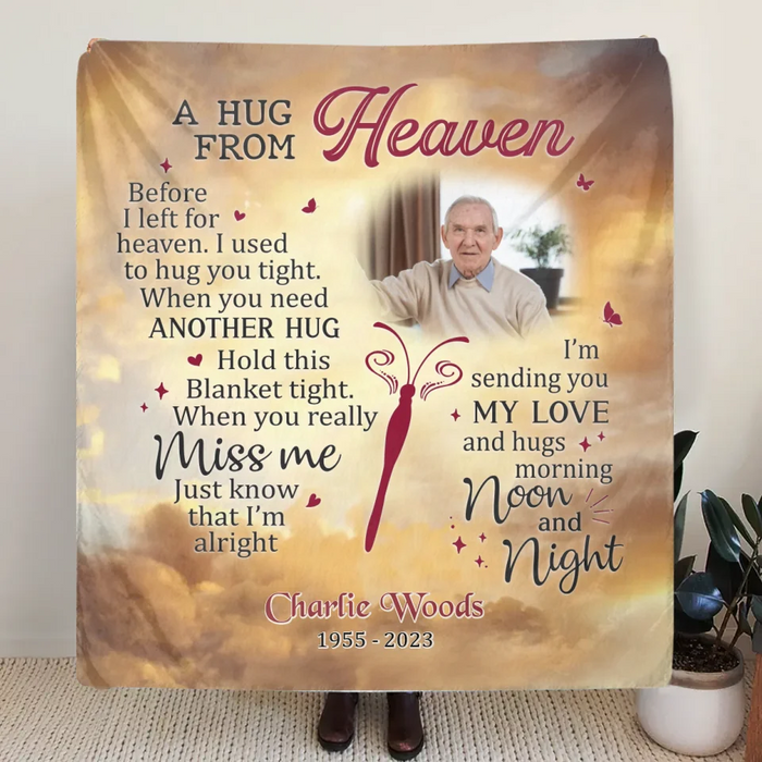 Custom Personalized Memorial Quilt/ Fleece Throw Blanket - Upload Photo - Memorial Gift Idea - A Hug From Heaven