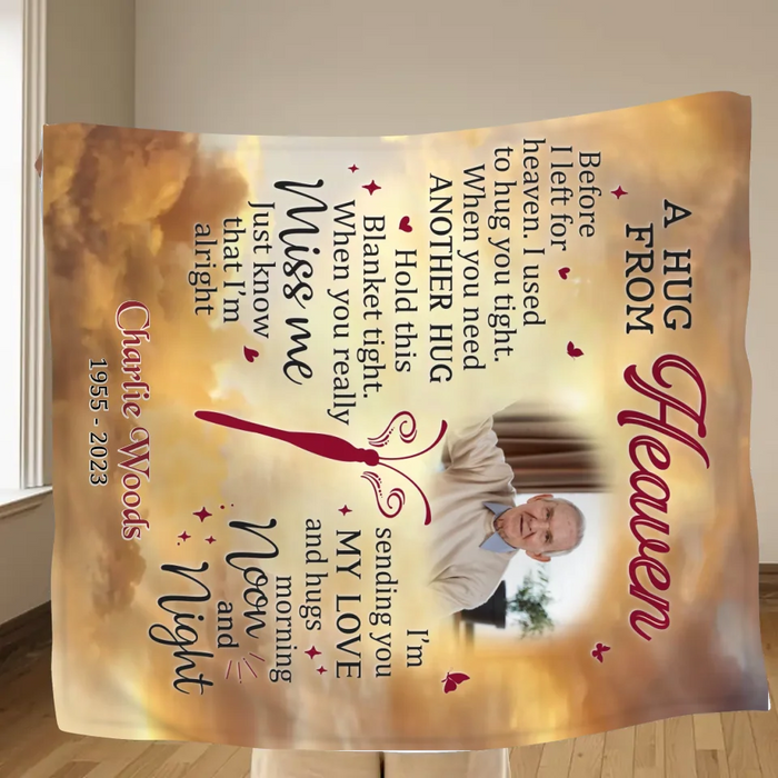 Custom Personalized Memorial Quilt/ Fleece Throw Blanket - Upload Photo - Memorial Gift Idea - A Hug From Heaven