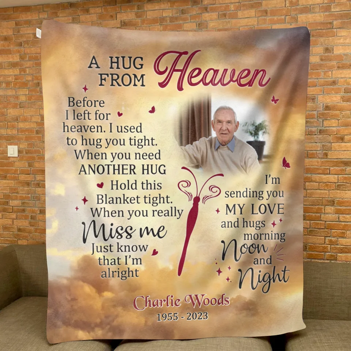 Custom Personalized Memorial Quilt/ Fleece Throw Blanket - Upload Photo - Memorial Gift Idea - A Hug From Heaven