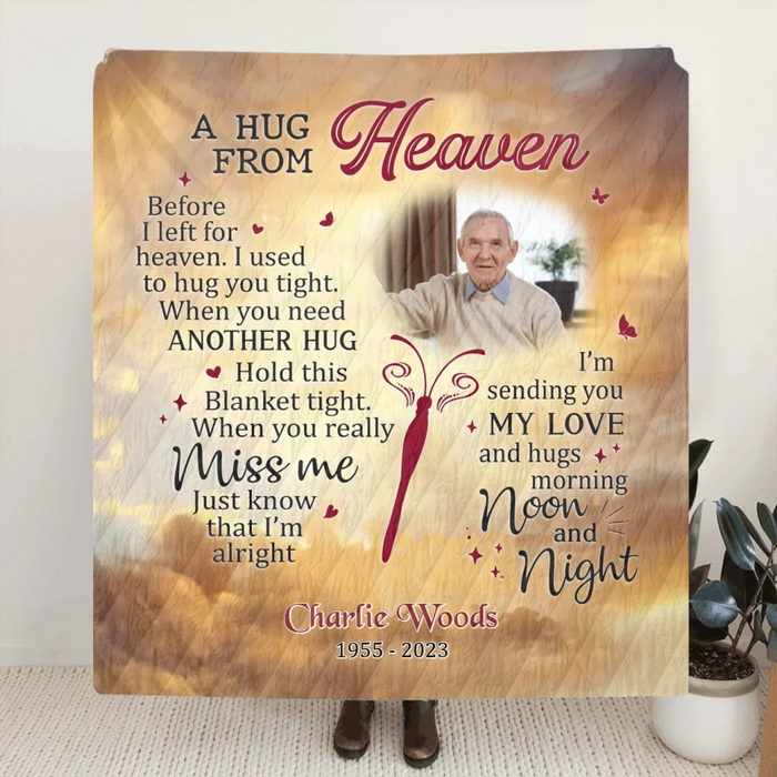 Custom Personalized Memorial Quilt/ Fleece Throw Blanket - Upload Photo - Memorial Gift Idea - A Hug From Heaven