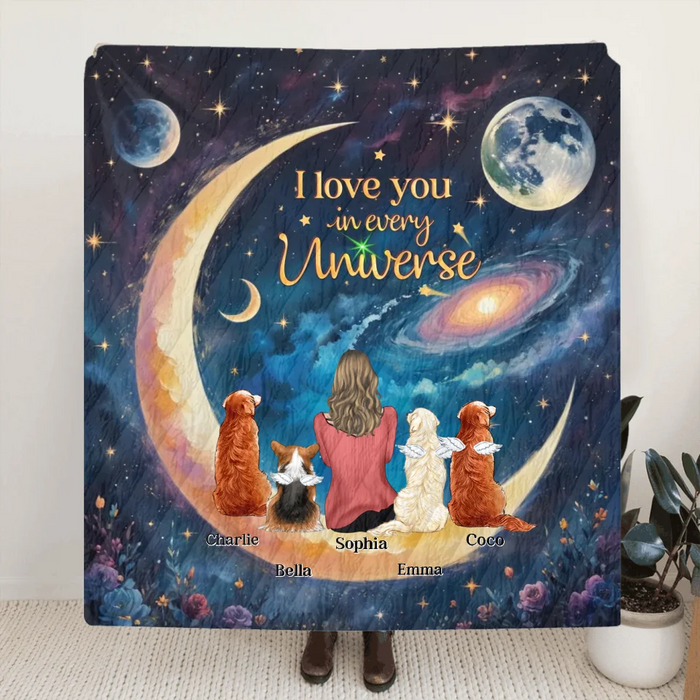 Personalized Pet Mom/Dad Quilt/Fleece Throw Blanket - Up to 4 Pets - I Love You In Every Universe