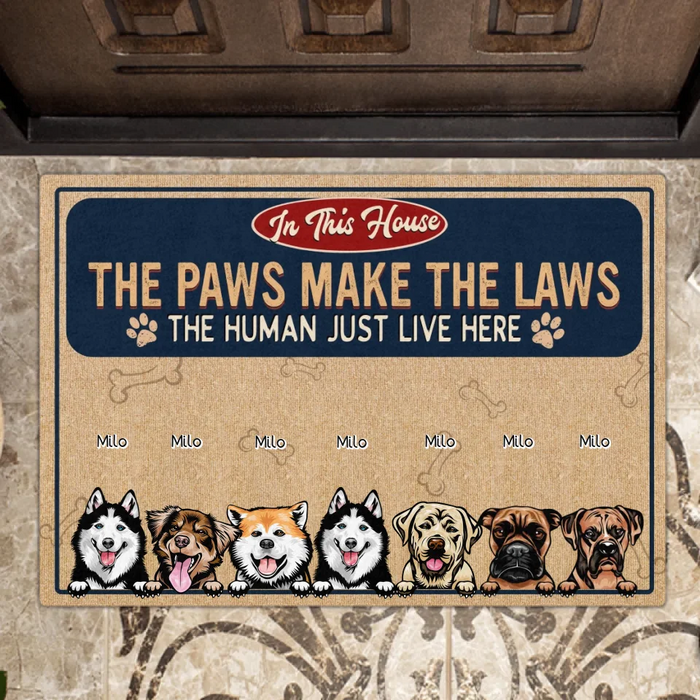Personalized Dog Doormat - Gift Idea For Dog Lovers - Up to 7 Dogs - The Paws Make The Laws The Human Just Live Here