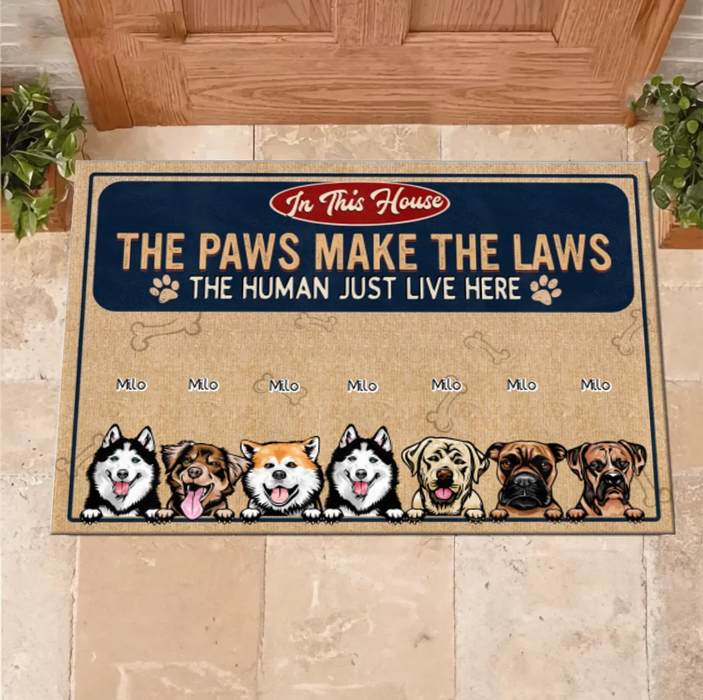 Personalized Dog Doormat - Gift Idea For Dog Lovers - Up to 7 Dogs - The Paws Make The Laws The Human Just Live Here