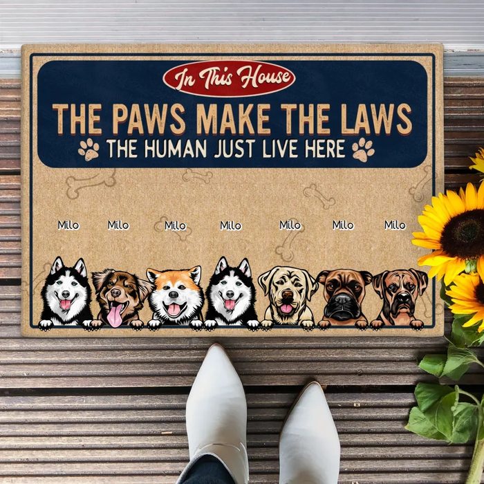 Personalized Dog Doormat - Gift Idea For Dog Lovers - Up to 7 Dogs - The Paws Make The Laws The Human Just Live Here