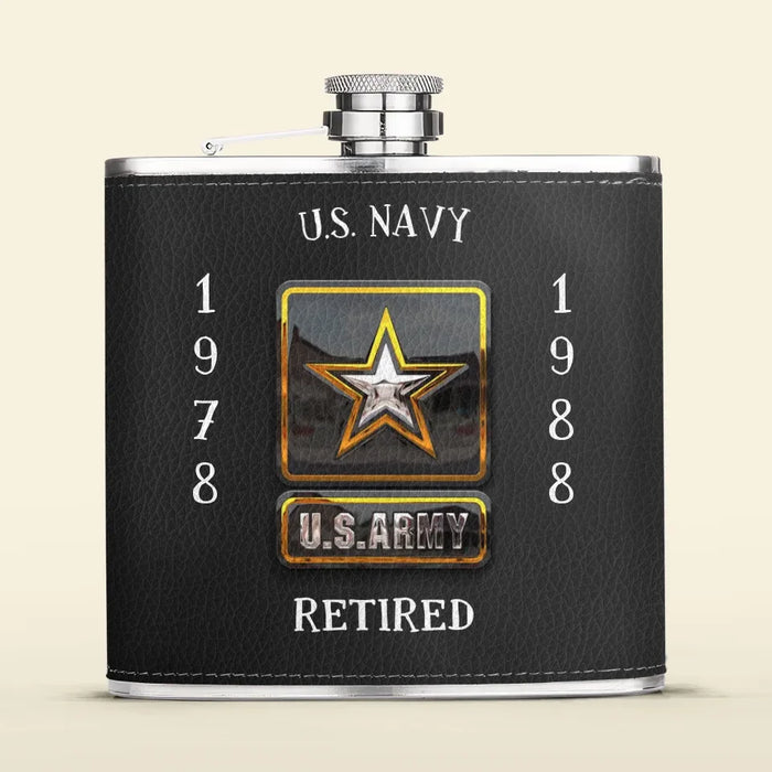 Custom Personalized Retired Veteran Leather Flask - Father's Day Gift Idea for Veteran