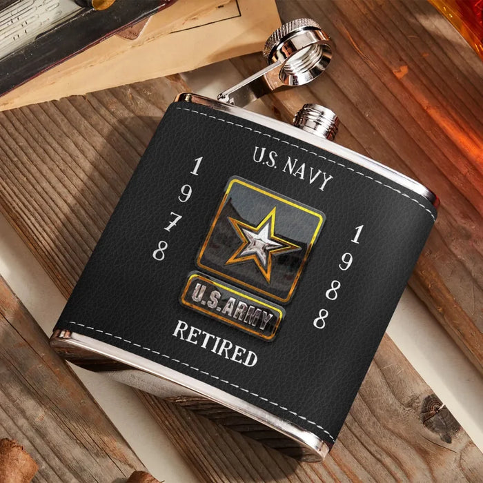 Custom Personalized Retired Veteran Leather Flask - Father's Day Gift Idea for Veteran