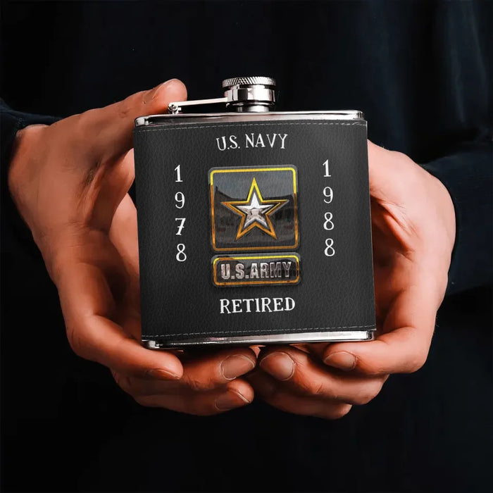 Custom Personalized Retired Veteran Leather Flask - Father's Day Gift Idea for Veteran