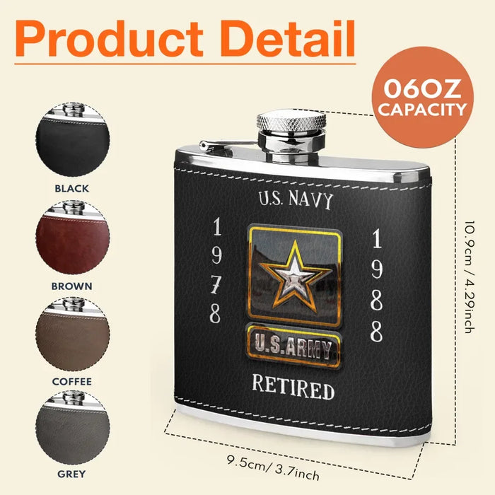 Custom Personalized Retired Veteran Leather Flask - Father's Day Gift Idea for Veteran