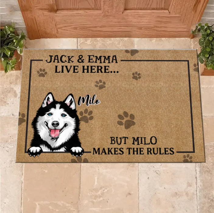 Custom Personalized Dog Doormat - Gift Idea For Dog Lover - Dog Makes The Rules