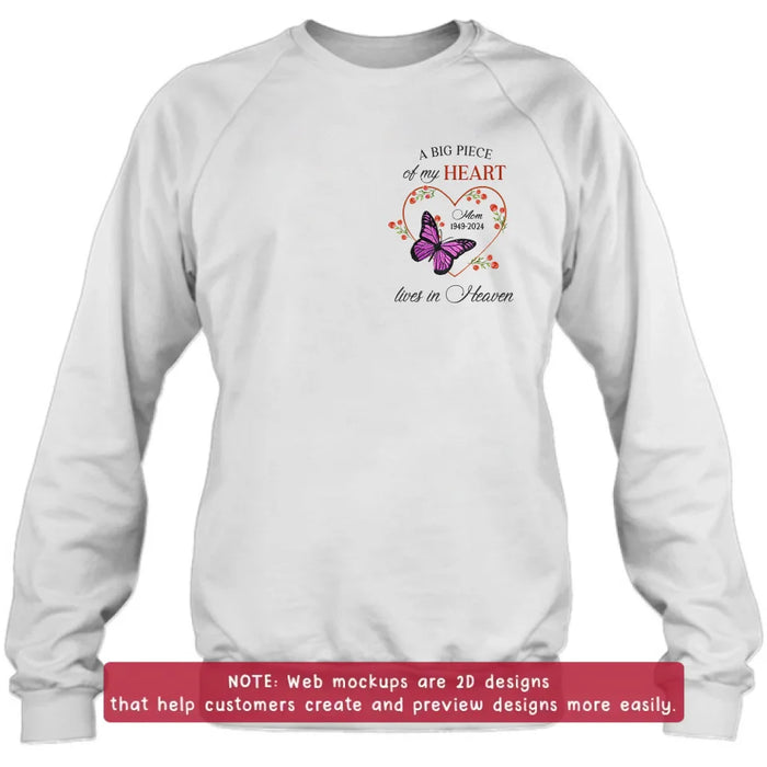 Custom Personalized Memorial Butterfly Embroidered T-Shirt/ Sweater/ Hoodie - Memorial Gift Idea For Family Member - A Big Piece Of My Heart Lives In Heaven